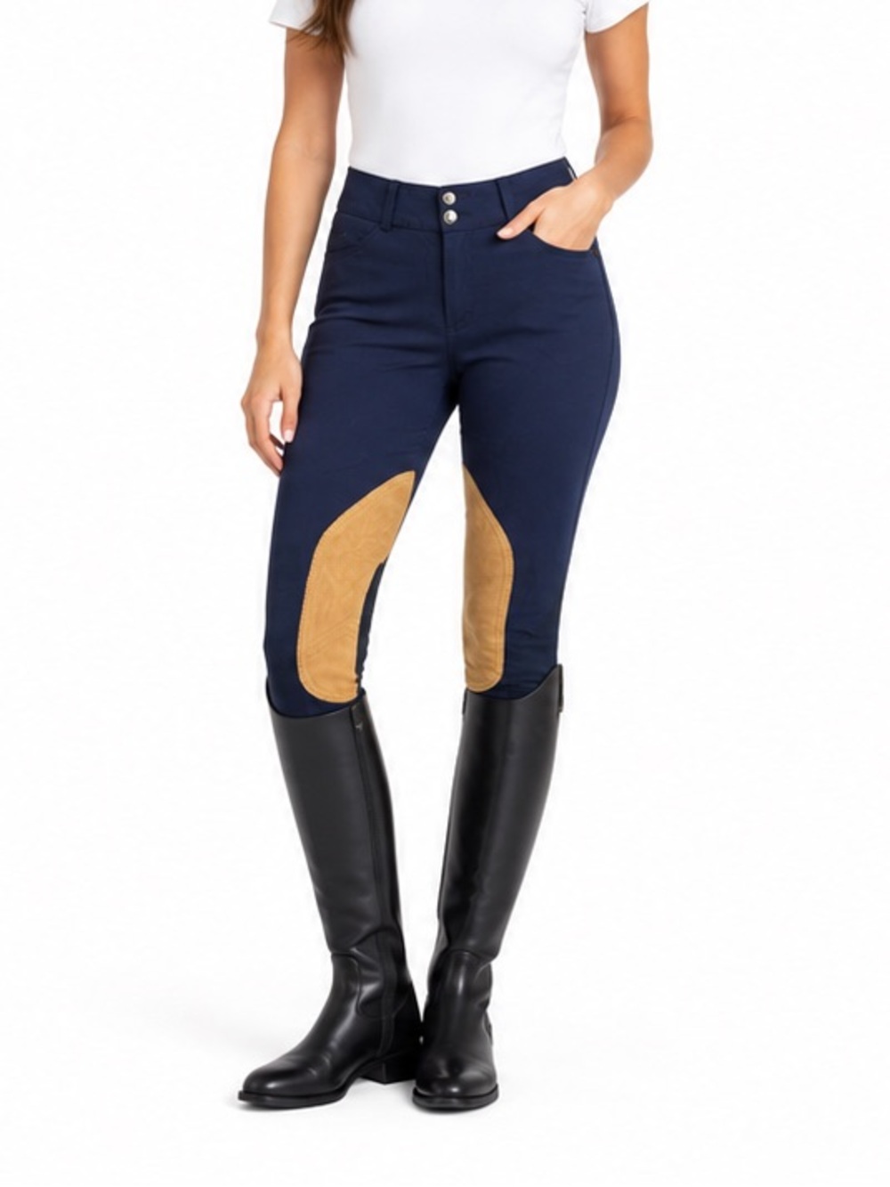 Elation Platinum 26R Navy Tan Knee Patch Equestrian Riding Breeches